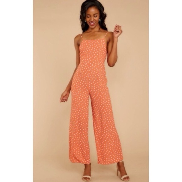 Sage the Label Orange & White Polka Dot Wide Leg Sleeveless Jumpsuit Size Medium - Picture 1 of 10